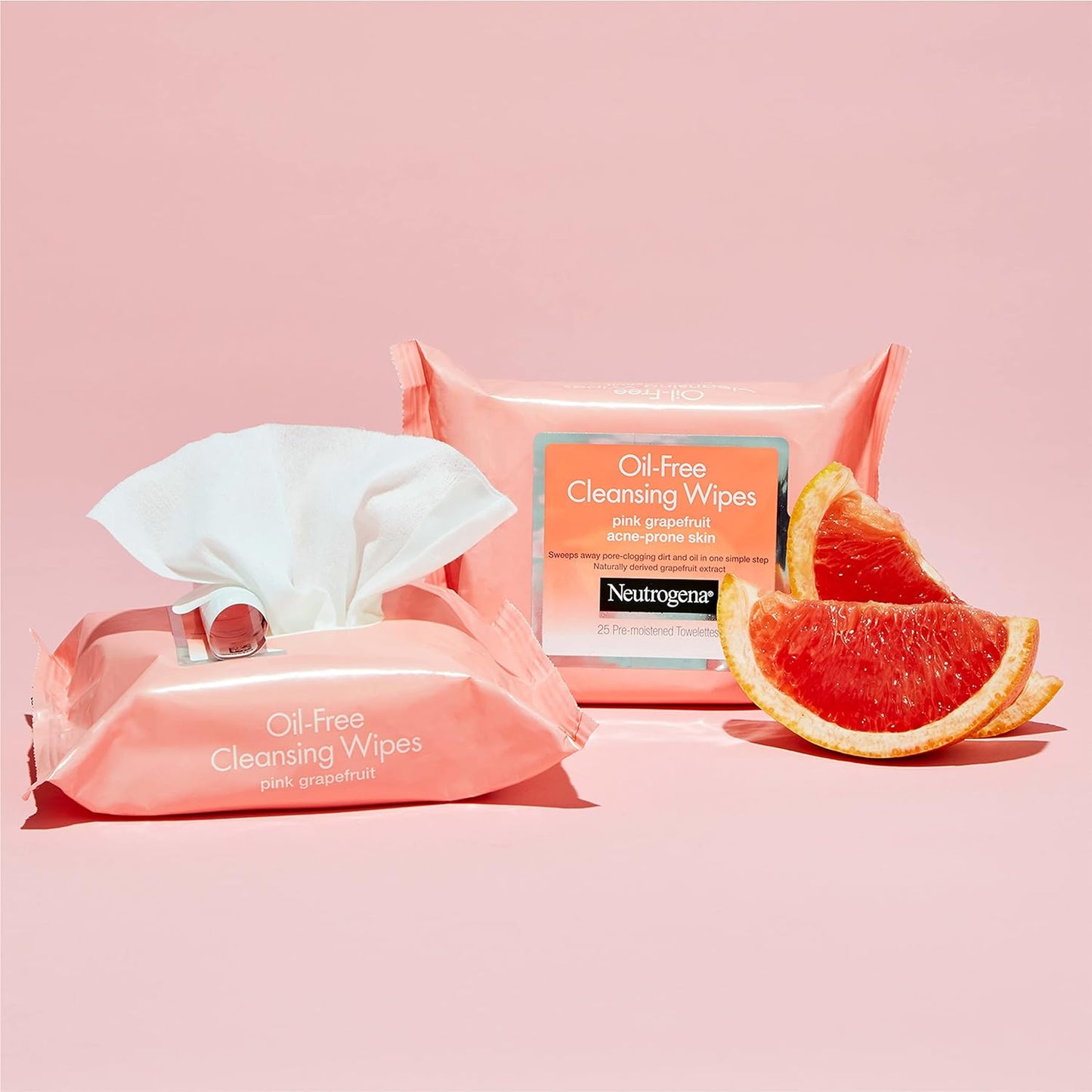 Neutrogena Oil Free Facial Cleansing Makeup Wipes with Pink Grapefruit, Disposable Acne Face Towelettes to Remove Dirt, Oil, and Makeup for Acne Prone Skin, Value Twin Pack, 2 x 25 ct