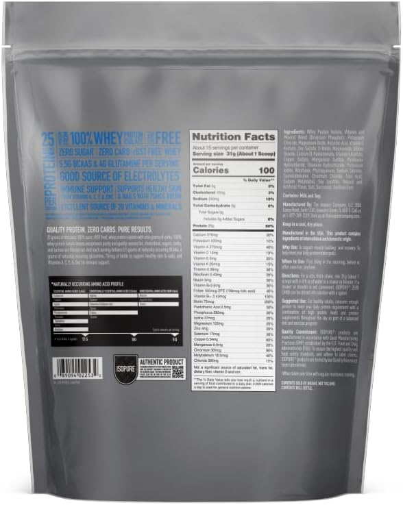 Isopure Creamy Vanilla Whey Isolate Protein Powder with Vitamin C & Zinc for Immune Support, 25g Protein, Zero Carb & Keto Friendly, 15 Servings, 1 Pound (Packaging May Vary)