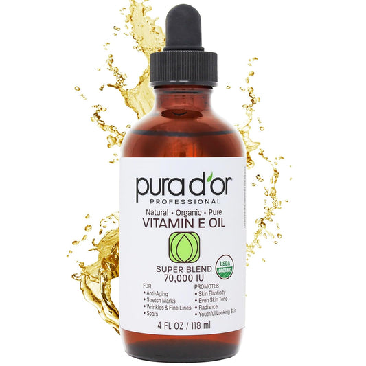 PURA D'OR 4 Oz ORGANIC Vitamin E Oil Blend 70,000 IU - 100% Natural Hexane Free, Sweet Almond, Apricot, Jojoba, Argan, Rosehip, Sunflower & Avocado Bath Oil For Scars, Skin, Face & Full Body