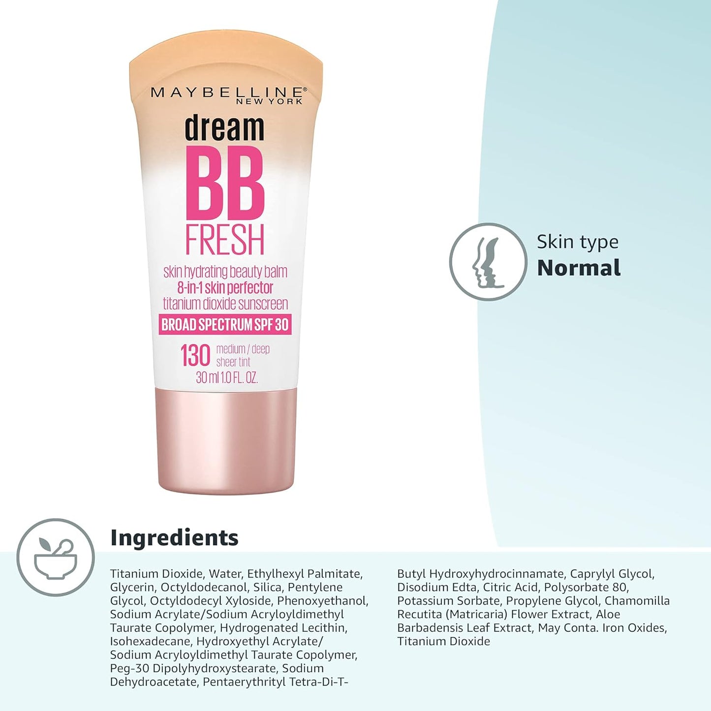 Maybelline Dream Fresh Skin Hydrating BB cream, 8-in-1 Skin Perfecting Beauty Balm with Broad Spectrum SPF 30, Sheer Tint Coverage, Oil-Free, Medium/Deep, 1 Fl Oz