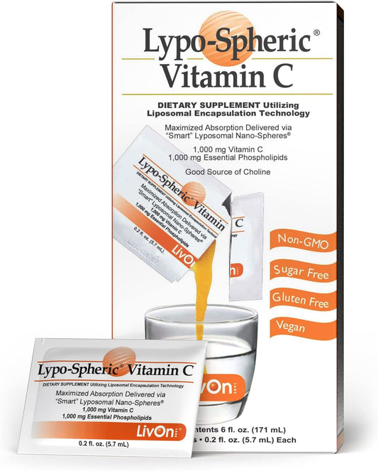 LivOn Laboratories Lypo–Spheric Vitamin C – 30 Packets – 1,000 mg Vitamin C & 1,000 mg Essential Phospholipids Per Packet – Liposome Encapsulated for Improved Absorption – 100% Non–GMO