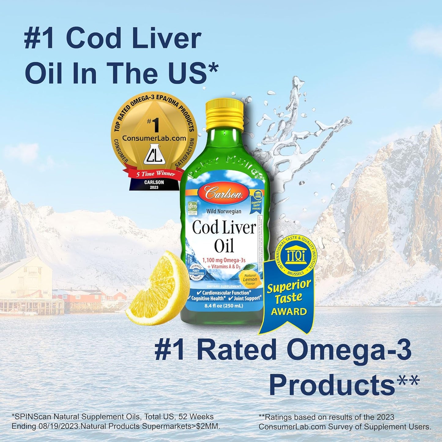 Carlson - Cod Liver Oil, 1100 mg Omega-3s, Liquid Fish Oil Supplement, Wild-Caught Norwegian Arctic, Sustainably Sourced Nordic Liquid, Lemon, 250 ml