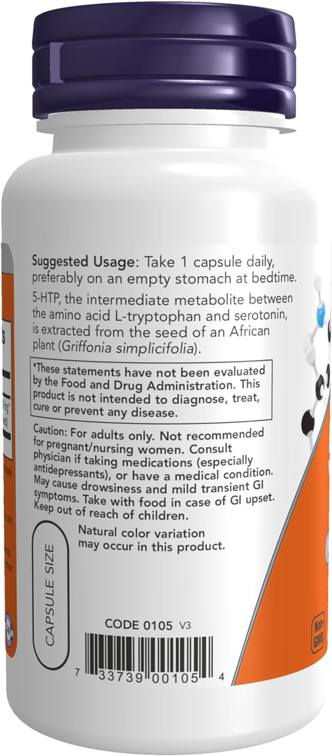 NOW Supplements, 5-HTP (5-hydroxytryptophan) 100 mg, Neurotransmitter Support*, 60 Veg Capsules