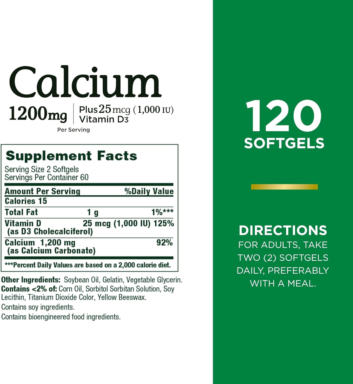 Nature's Bounty Calcium Carbonate & Vitamin D, Supports Immune Health & Bone Health, 1200mg Calcium & 1000IU Vitamin D3, 120 Softgels