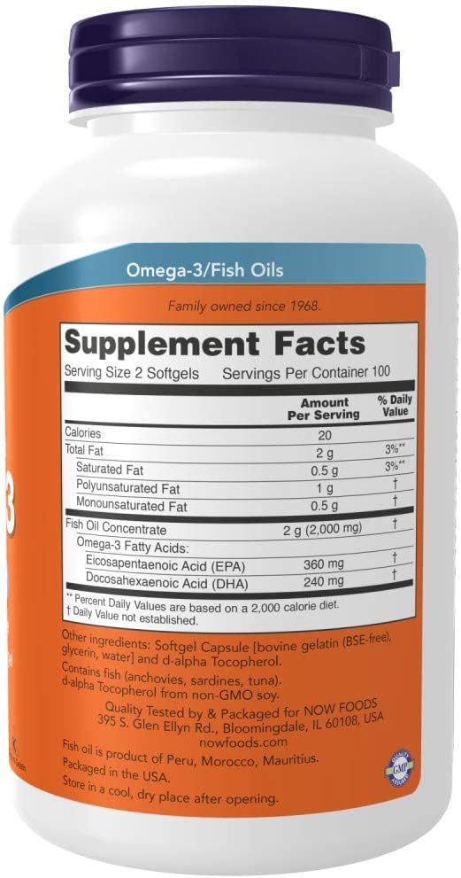 NOW Supplements, Omega-3 180 EPA / 120 DHA, Molecularly Distilled, Cardiovascular Support*, 200 Softgels