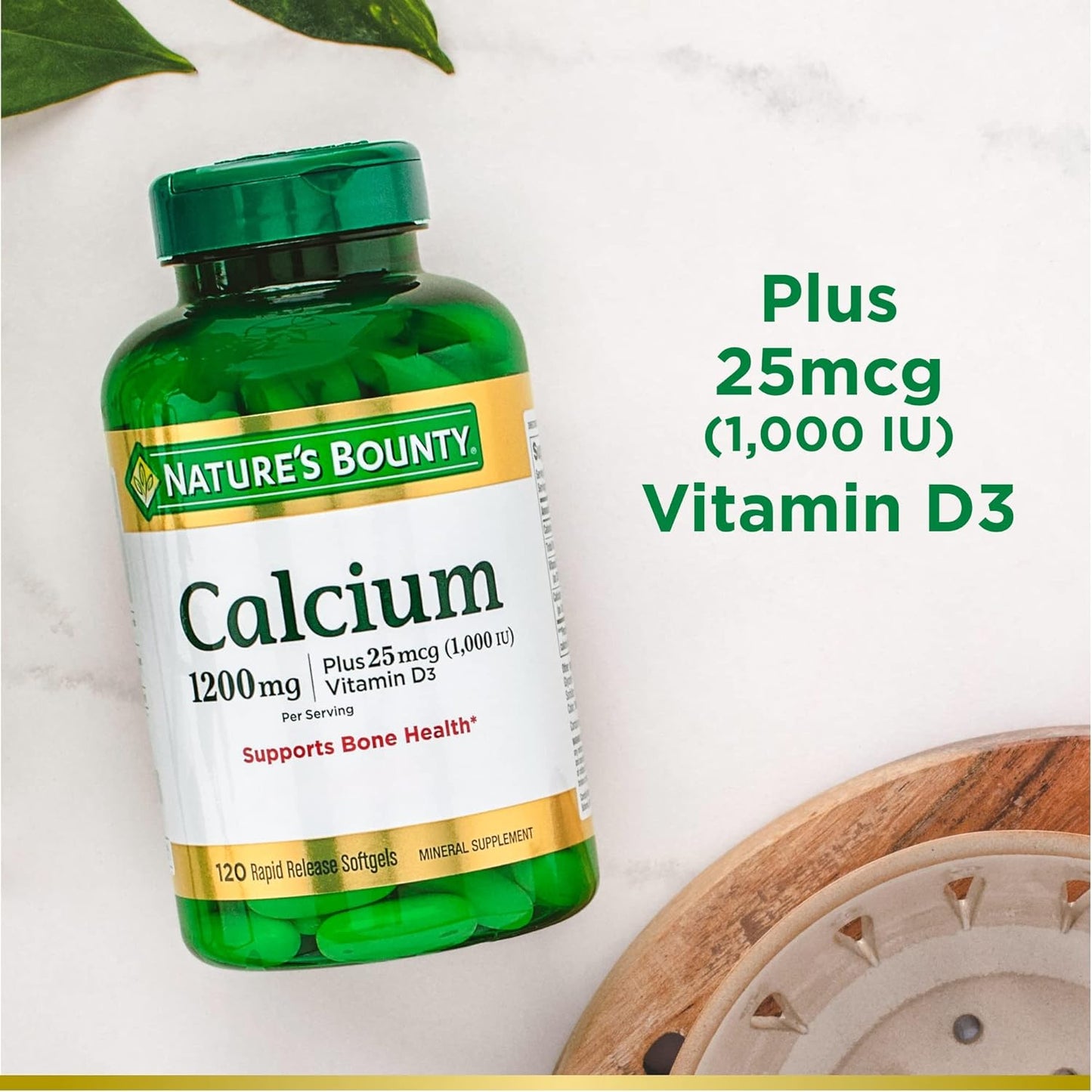 Nature's Bounty Calcium Carbonate & Vitamin D, Supports Immune Health & Bone Health, 1200mg Calcium & 1000IU Vitamin D3, 120 Softgels