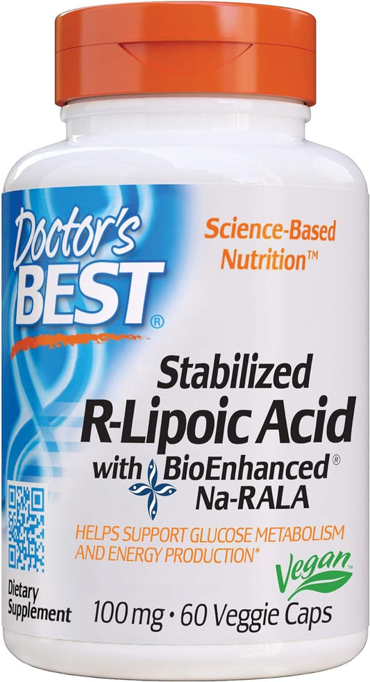 Doctor's Best Stabilized R-Lipoic Acid with BioEnhanced Na-RALA, Helps Support Glucose Metabolism and Energy Production* Non-GMO, Gluten Free, Vegan, 100 mg, 60 Count