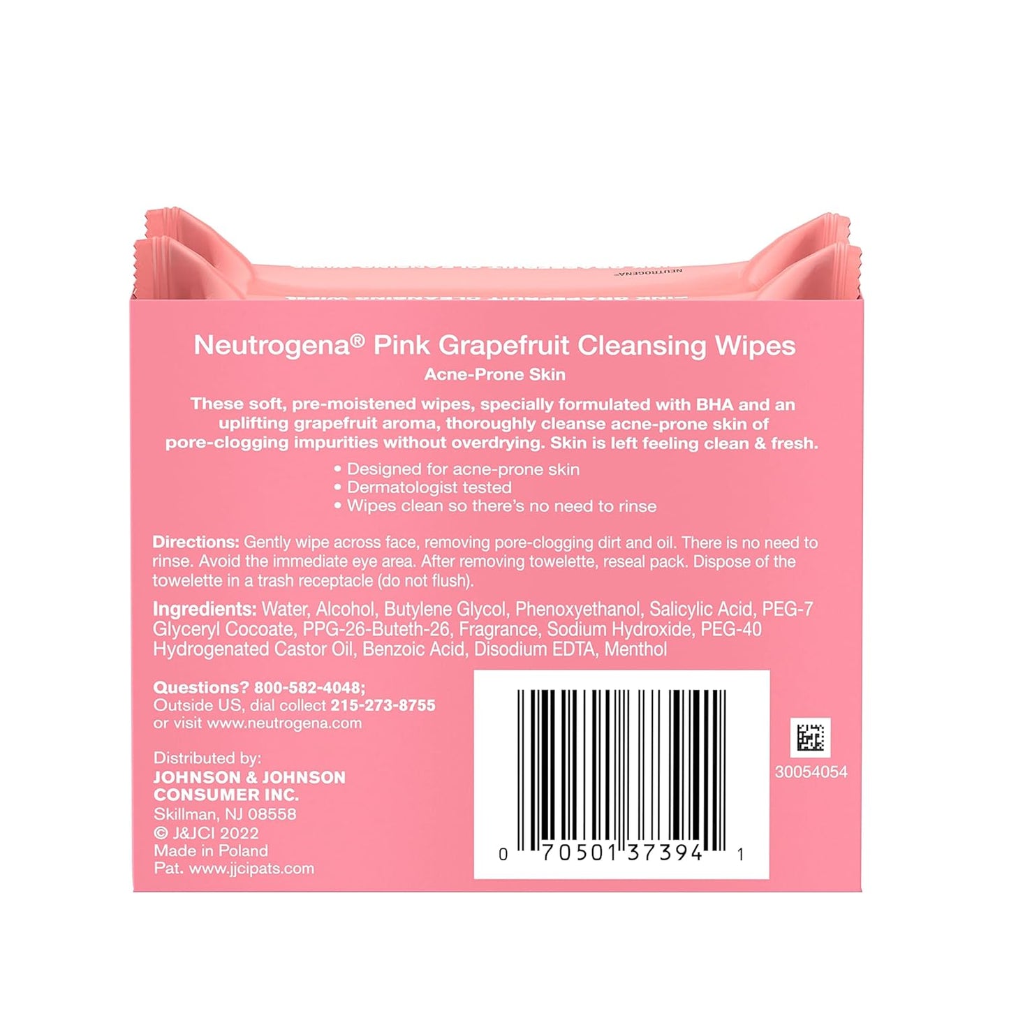 Neutrogena Oil Free Facial Cleansing Makeup Wipes with Pink Grapefruit, Disposable Acne Face Towelettes to Remove Dirt, Oil, and Makeup for Acne Prone Skin, Value Twin Pack, 2 x 25 ct