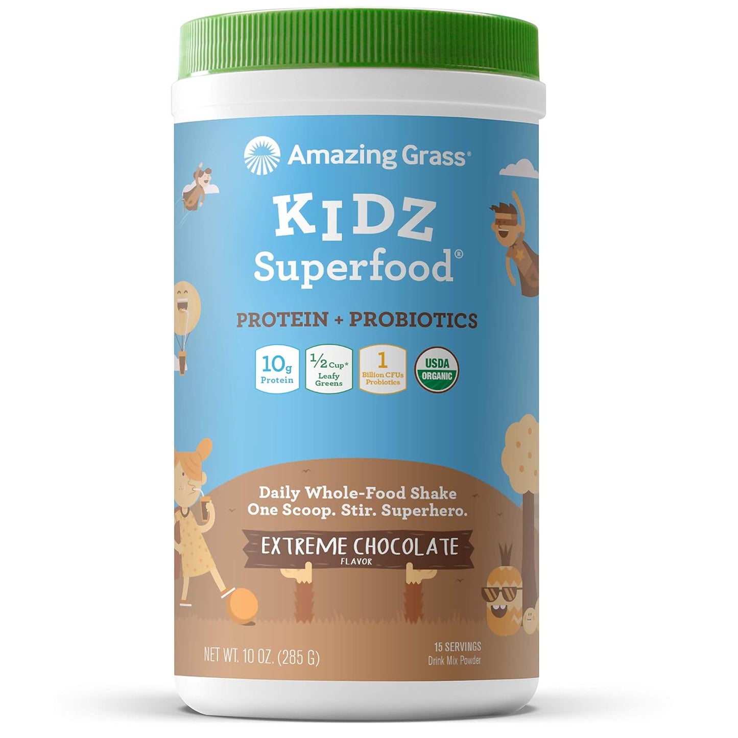 Amazing Grass Kidz Superfood: Vegan Protein & Probiotics for Kids with Beet Root Powder & 1/2 Cup of Leafy Greens, Extreme Chocolate, 15 Servings