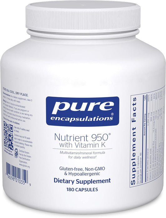 Pure Encapsulations Nutrient 950 with Vitamin K 180's - Multivitamin & Mineral Supplement - Bone & Arterial Support* - Optimal Absorption - Gluten Free & Non-GMO - 180 Capsules