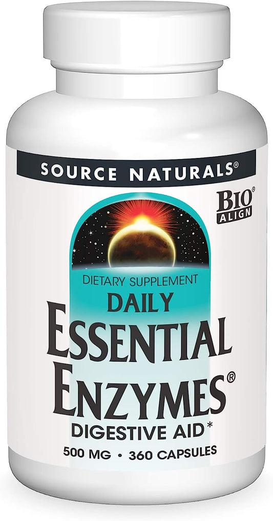 Source Naturals Essential Enzymes 500mg Bio-Aligned Multiple Enzyme Supplement Herbal Defense for Digestion, Gas, Constipation & Bloating Relief - Supports A Strong Immune System - 360 Capsules