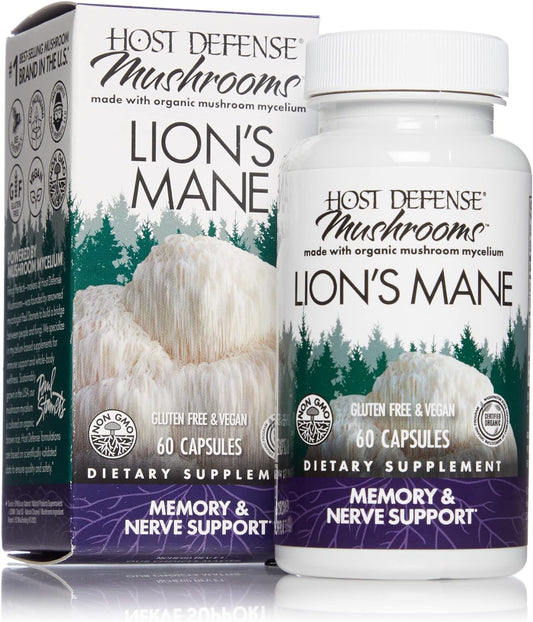 Host Defense Mushrooms Lion's Mane - Brain Health Support Supplement - Mushroom Supplement to Support Focus & Memory Function - Immune & Nervous System Support Supplement - 60 Capsules (30 Servings)*