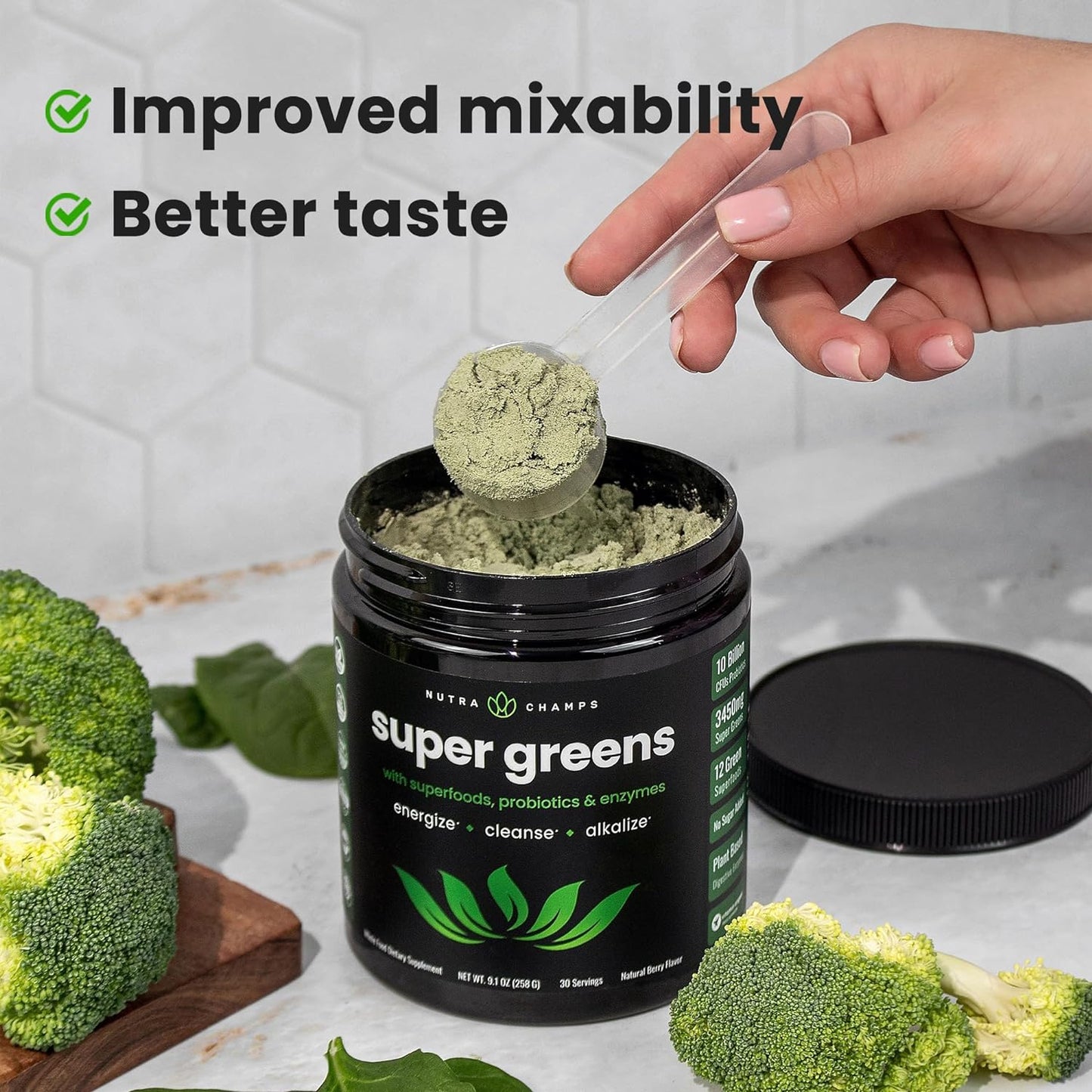 NutraChamps Super Greens Powder Premium Superfood | 20+ Organic Green Veggie Whole Foods | Wheat Grass, Spirulina, Chlorella & More | Antioxidant, Digestive Enzyme & Probiotic Blends