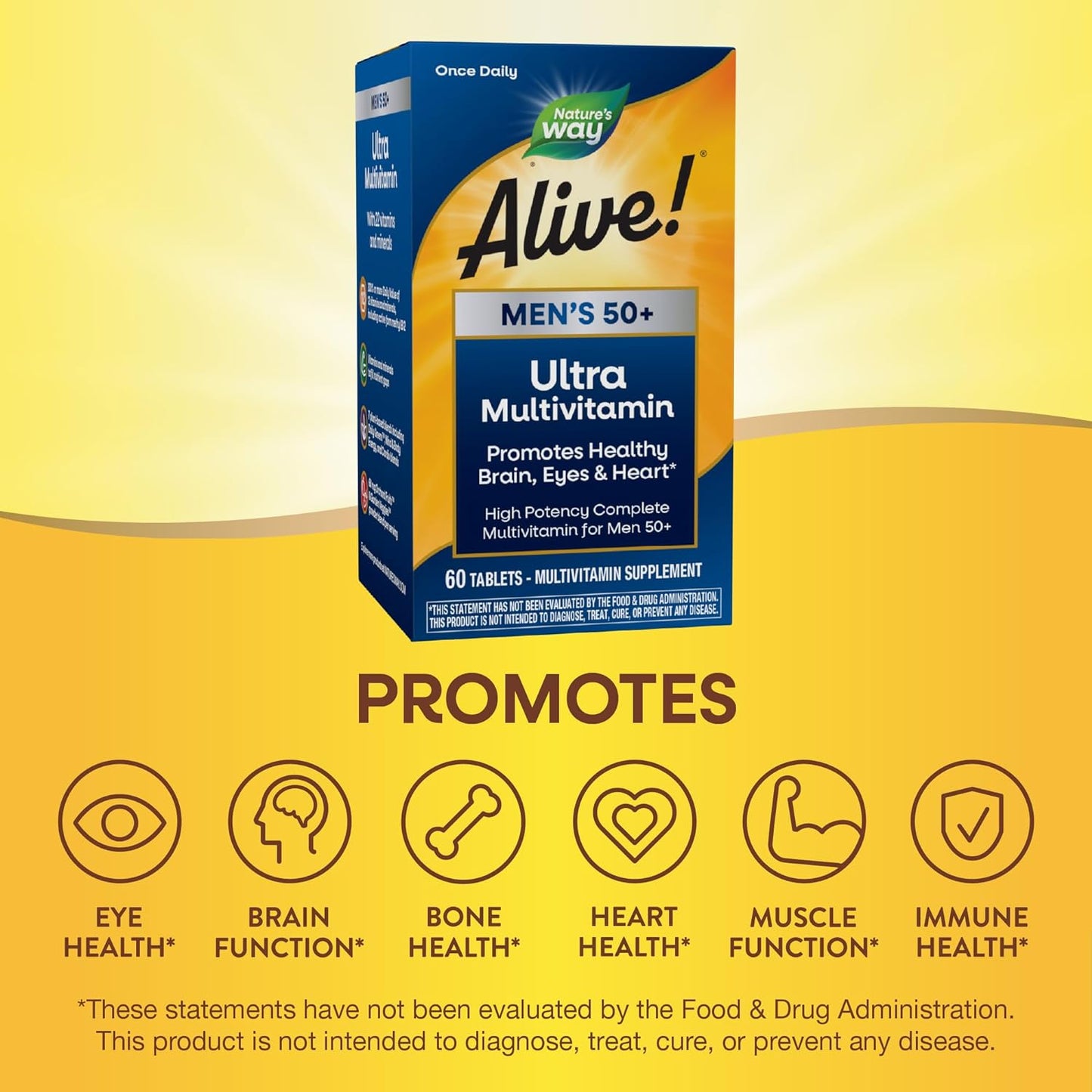 Nature's Way Alive! Men’s 50+ Daily Ultra Multivitamin, High Potency Formula, Supports Healthy Brain, Eyes & Heart*, Gluten-Free, 60 Tablets (Packaging May Vary)