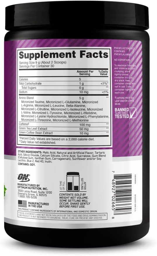 Optimum Nutrition Amino Energy - Pre Workout with Green Tea, BCAA, Amino Acids, Keto Friendly, Green Coffee Extract, Energy Powder - Concord Grape, 30 Servings