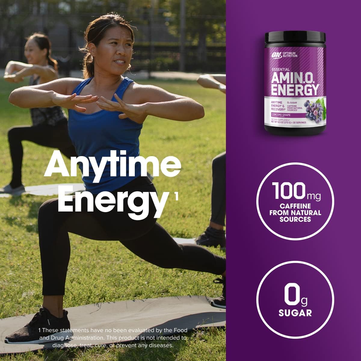 Optimum Nutrition Amino Energy - Pre Workout with Green Tea, BCAA, Amino Acids, Keto Friendly, Green Coffee Extract, Energy Powder - Concord Grape, 30 Servings