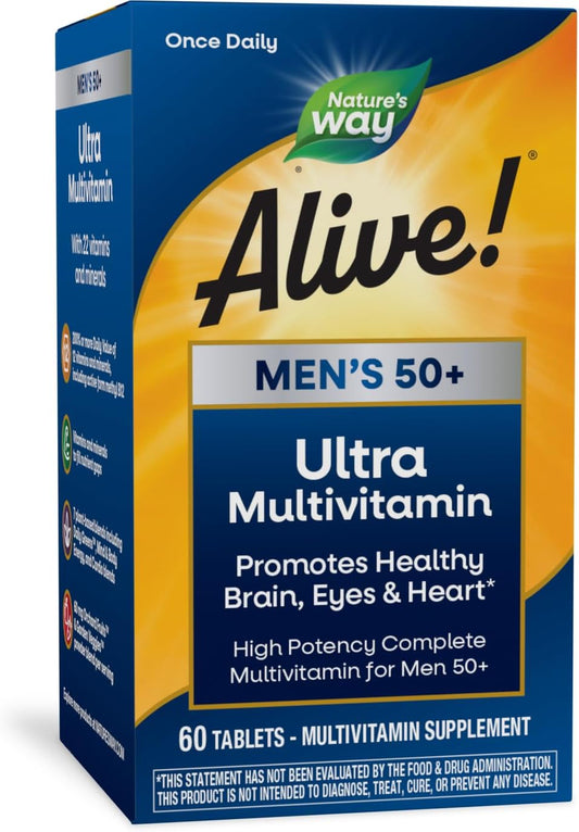 Nature's Way Alive! Men’s 50+ Daily Ultra Multivitamin, High Potency Formula, Supports Healthy Brain, Eyes & Heart*, Gluten-Free, 60 Tablets (Packaging May Vary)