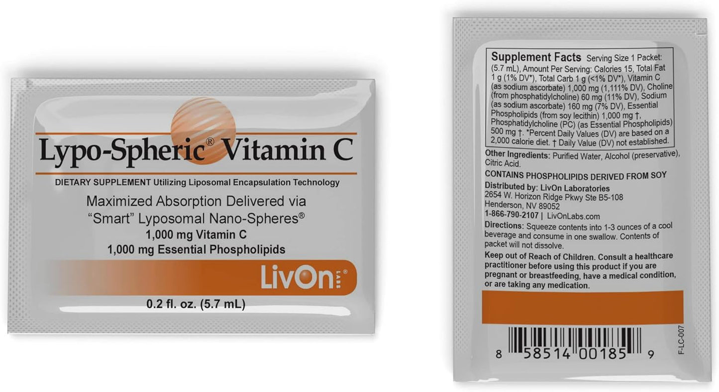 LivOn Laboratories Lypo–Spheric Vitamin C – 30 Packets – 1,000 mg Vitamin C & 1,000 mg Essential Phospholipids Per Packet – Liposome Encapsulated for Improved Absorption – 100% Non–GMO