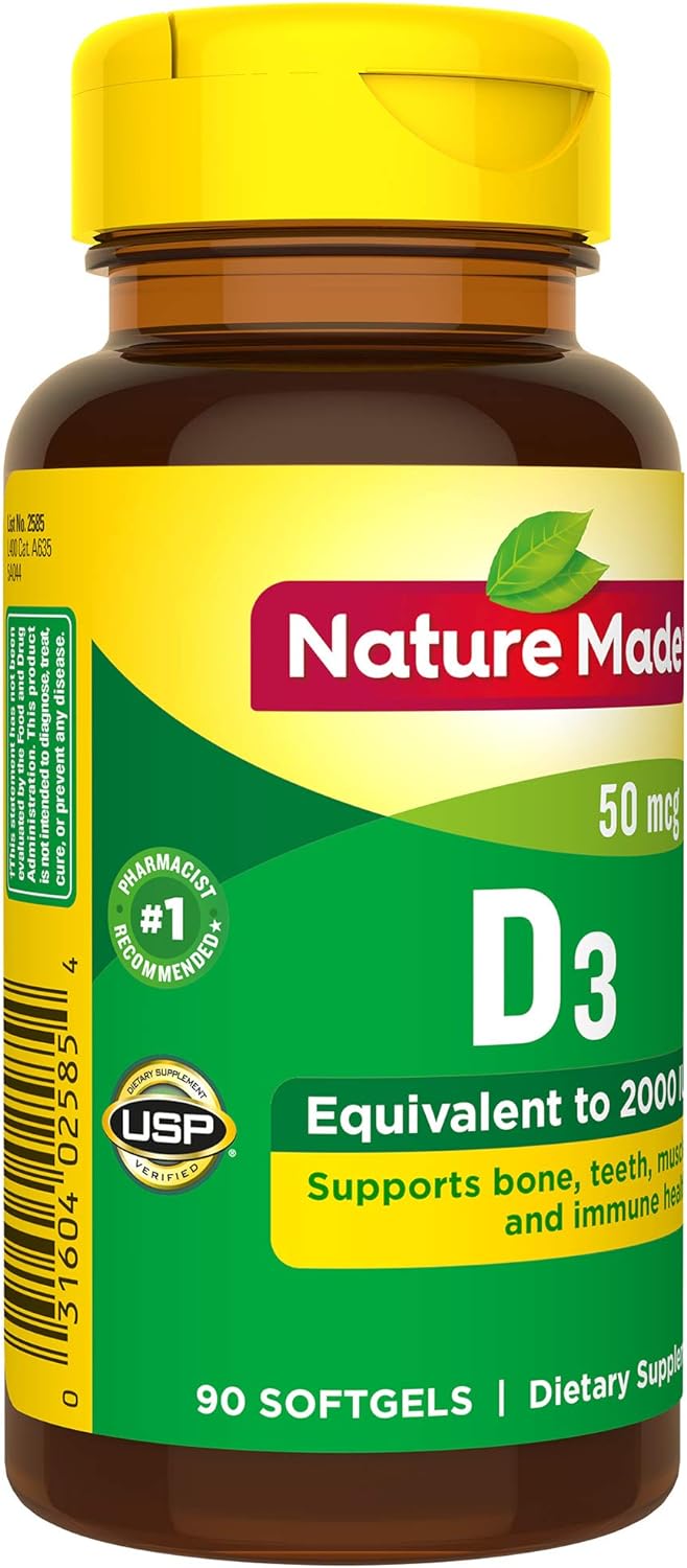 Nature Made Vitamin D3 2000 IU (50 mcg), Dietary Supplement for Bone, Teeth, Muscle and Immune Health Support, 90 Softgels, 90 Day Supply