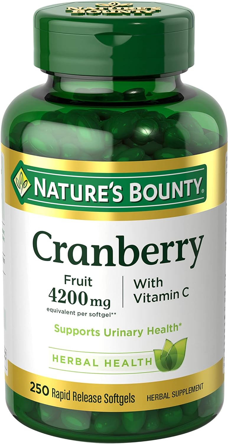 Nature's Bounty Cranberry 4200mg With Vitamin C, Urinary Health & Immune Support, Cranberry Concentrate, 250 Rapid Release Softgels