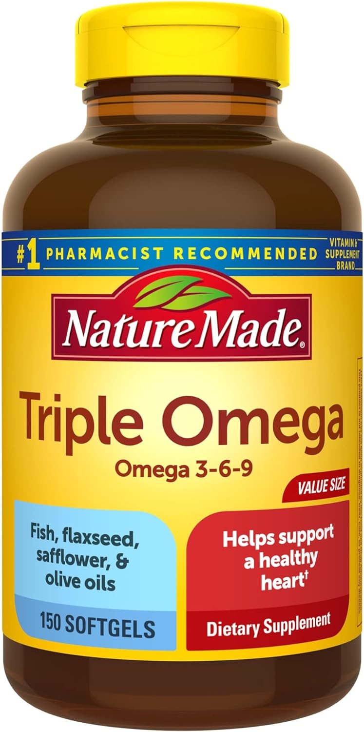 Nature Made Triple Omega 3 6 9, Fish Oil as Ethyl Esters and Plant-Based Oils, Healthy Heart Support, 150 Softgels, 50 Day Supply