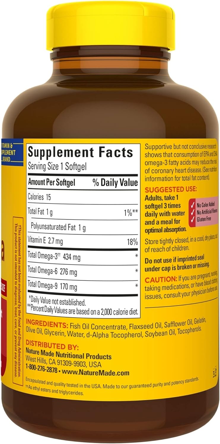 Nature Made Triple Omega 3 6 9, Fish Oil as Ethyl Esters and Plant-Based Oils, Healthy Heart Support, 150 Softgels, 50 Day Supply