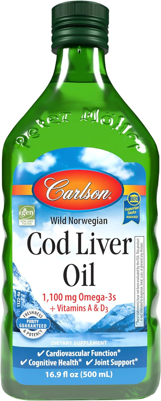 Carlson - Cod Liver Oil, 1100 mg Omega-3s, Wild-Caught Norwegian Arctic Cod-Liver Oil, Sustainably Sourced Nordic Fish Oil Liquid, Unflavored, 500 ml (16.9 Fl Oz)