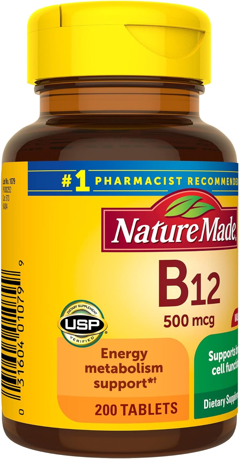 Nature Made Vitamin B12 500 mcg, Dietary Supplement for Energy Metabolism Support, 200 Tablets, 200 Day Supply