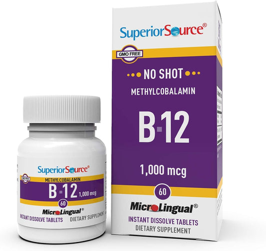 Superior Source No Shot Vitamin B12 Methylcobalamin 1000 mcg, Quick Dissolve MicroLingual Tablets, 60 Count, Active Form of B12, Supports Energy Production, Nervous System Support, Non-GMO