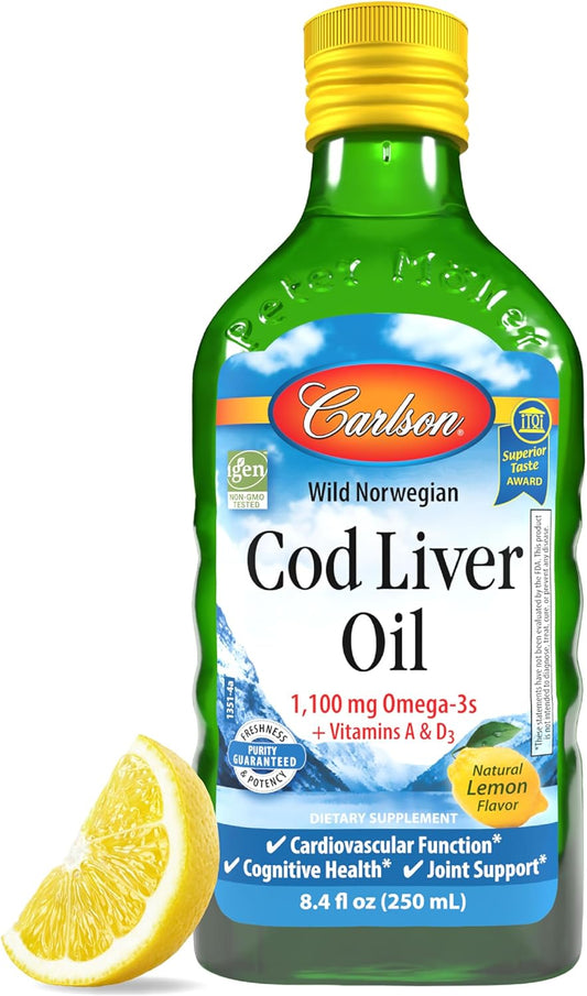 Carlson - Cod Liver Oil, 1100 mg Omega-3s, Liquid Fish Oil Supplement, Wild-Caught Norwegian Arctic, Sustainably Sourced Nordic Liquid, Lemon, 250 ml