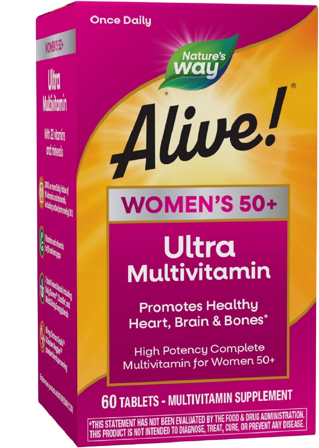 Nature’s Way Alive! Women’s 50+ Ultra Potency Complete Multivitamin, High Potency Formula, Promotes Healthy Heart, Brain, Bones*, Gluten-Free, 60 Tablets (Packaging May Vary)