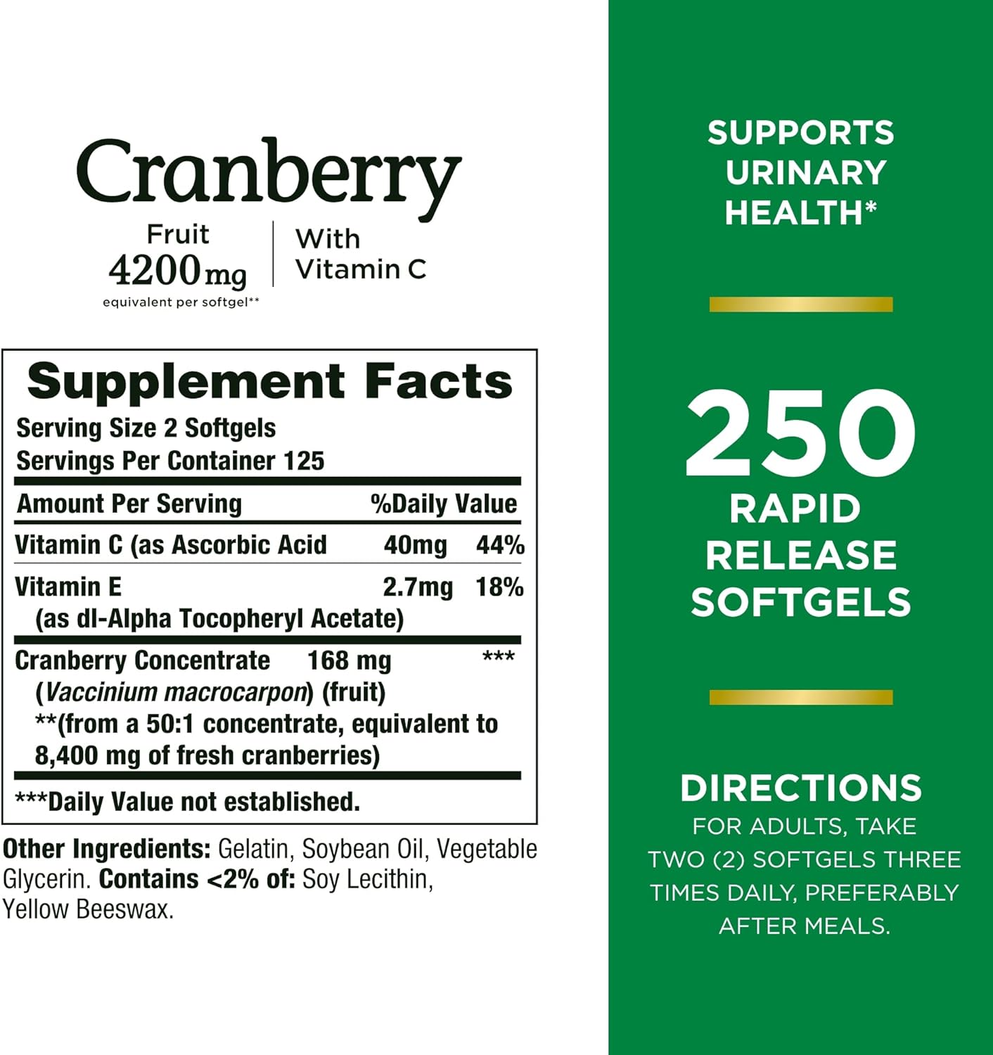 Nature's Bounty Cranberry 4200mg With Vitamin C, Urinary Health & Immune Support, Cranberry Concentrate, 250 Rapid Release Softgels