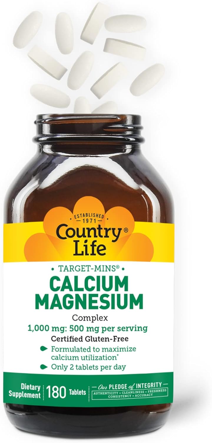 Country Life Target-Mins Calcium Magnesium Complex 1000mg/500mg, 180 Tablets, Certified Gluten Free, Certified Vegan, Certified Non-GMO Verified