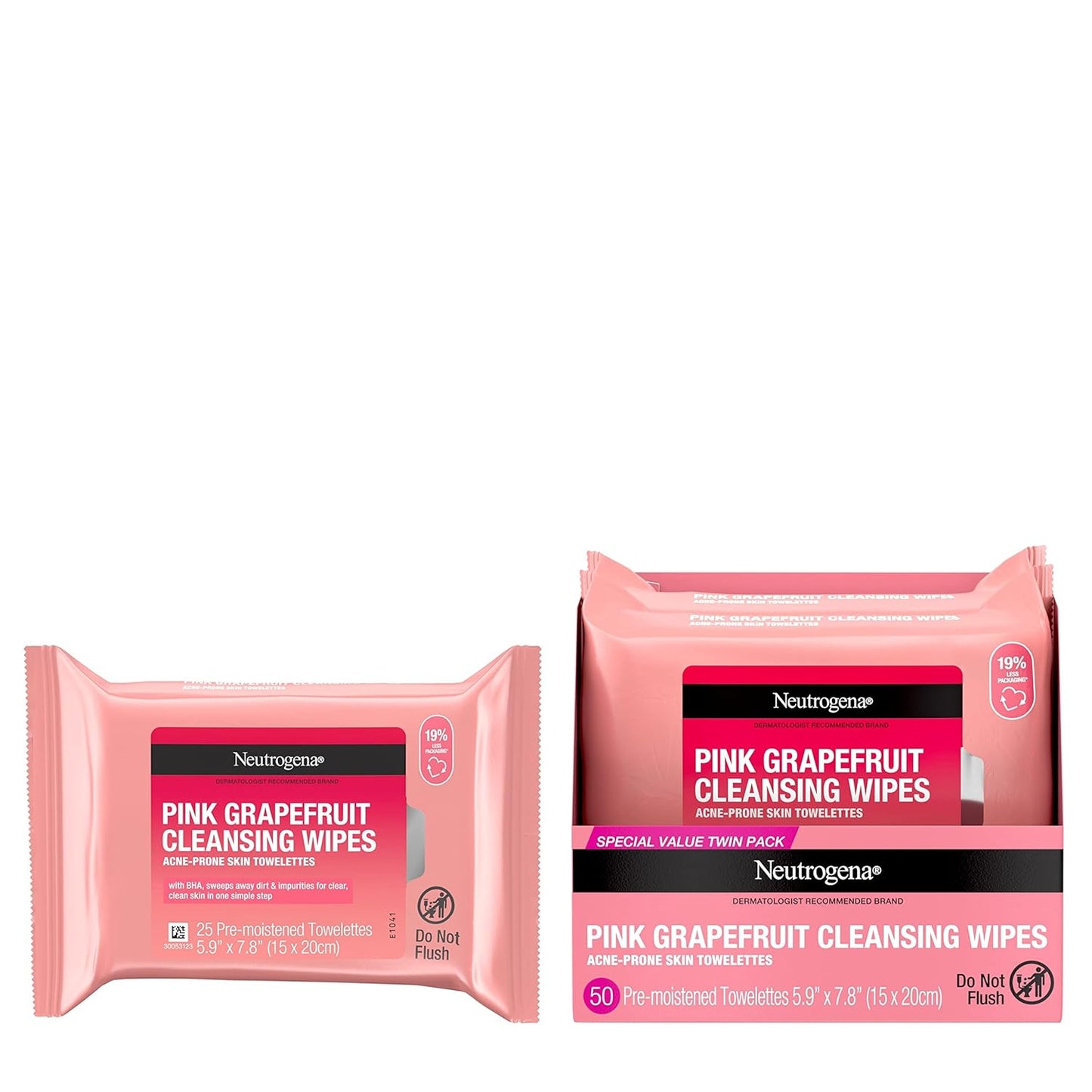 Neutrogena Oil Free Facial Cleansing Makeup Wipes with Pink Grapefruit, Disposable Acne Face Towelettes to Remove Dirt, Oil, and Makeup for Acne Prone Skin, Value Twin Pack, 2 x 25 ct