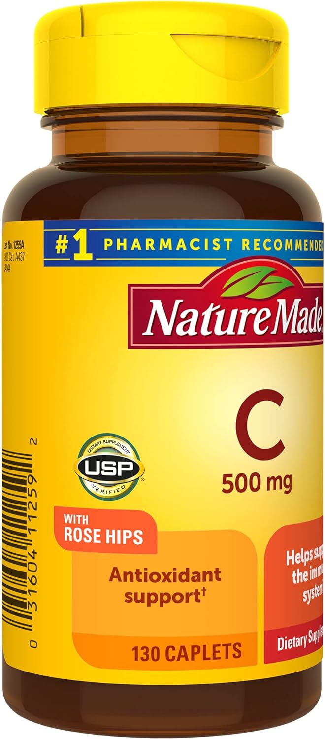 Nature Made Vitamin C 500 mg with Rose Hips, Dietary Supplement for Immune Support, 130 Caplets, 130 Day Supply