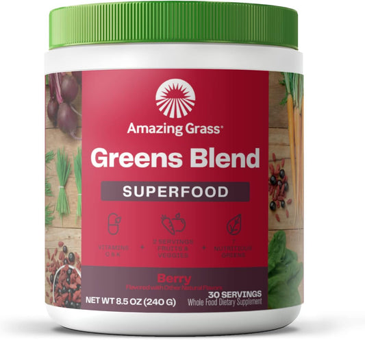 Amazing Grass Greens Blend Superfood: Super Greens Powder Smoothie Mix with Organic Spirulina, Chlorella, Beet Root Powder, Digestive Enzymes, Prebiotics & Probiotics, Berry, 30 Servings