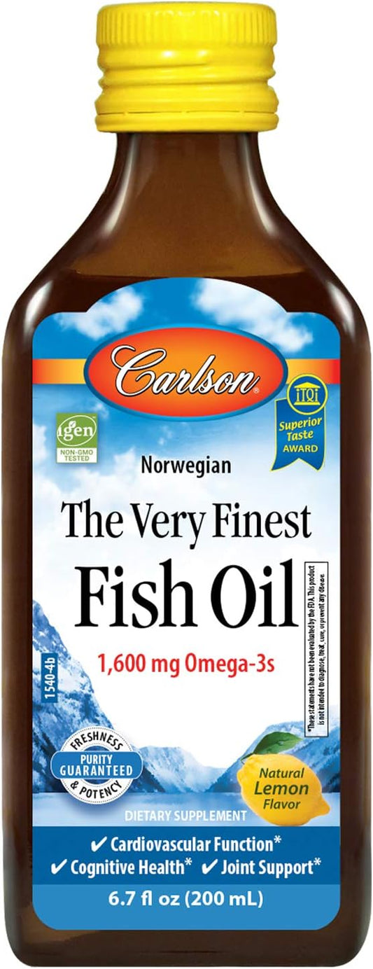 Carlson - The Very Finest Fish Oil, 1600 mg Omega-3s, Liquid Fish Oil Supplement, Norwegian Fish Oil, Wild-Caught, Sustainably Sourced Fish Oil Liquid, Lemon, 200ml, 6.7 Fl Oz