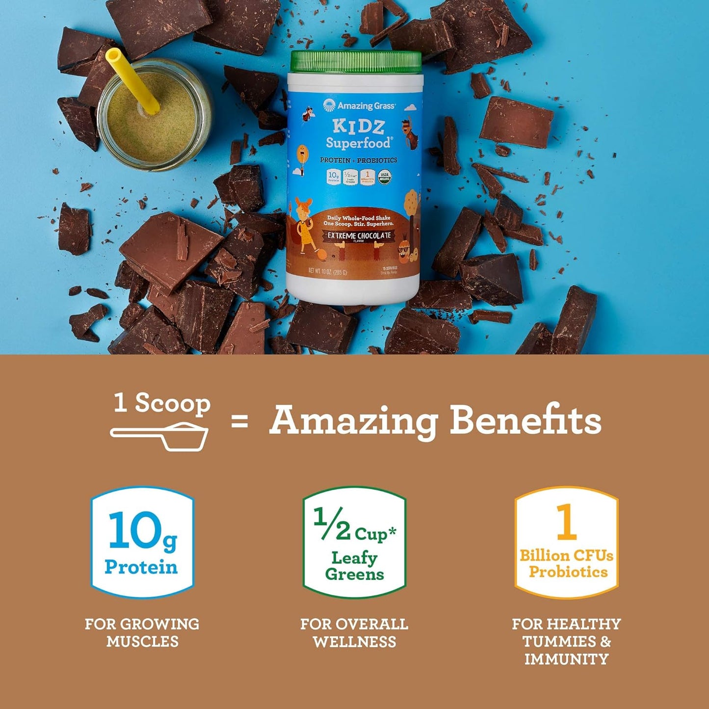 Amazing Grass Kidz Superfood: Vegan Protein & Probiotics for Kids with Beet Root Powder & 1/2 Cup of Leafy Greens, Extreme Chocolate, 15 Servings