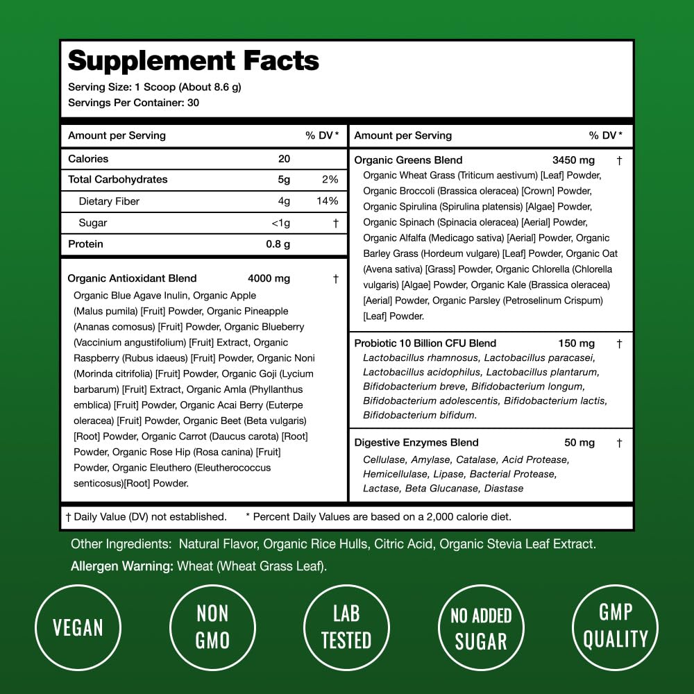 NutraChamps Super Greens Powder Premium Superfood | 20+ Organic Green Veggie Whole Foods | Wheat Grass, Spirulina, Chlorella & More | Antioxidant, Digestive Enzyme & Probiotic Blends