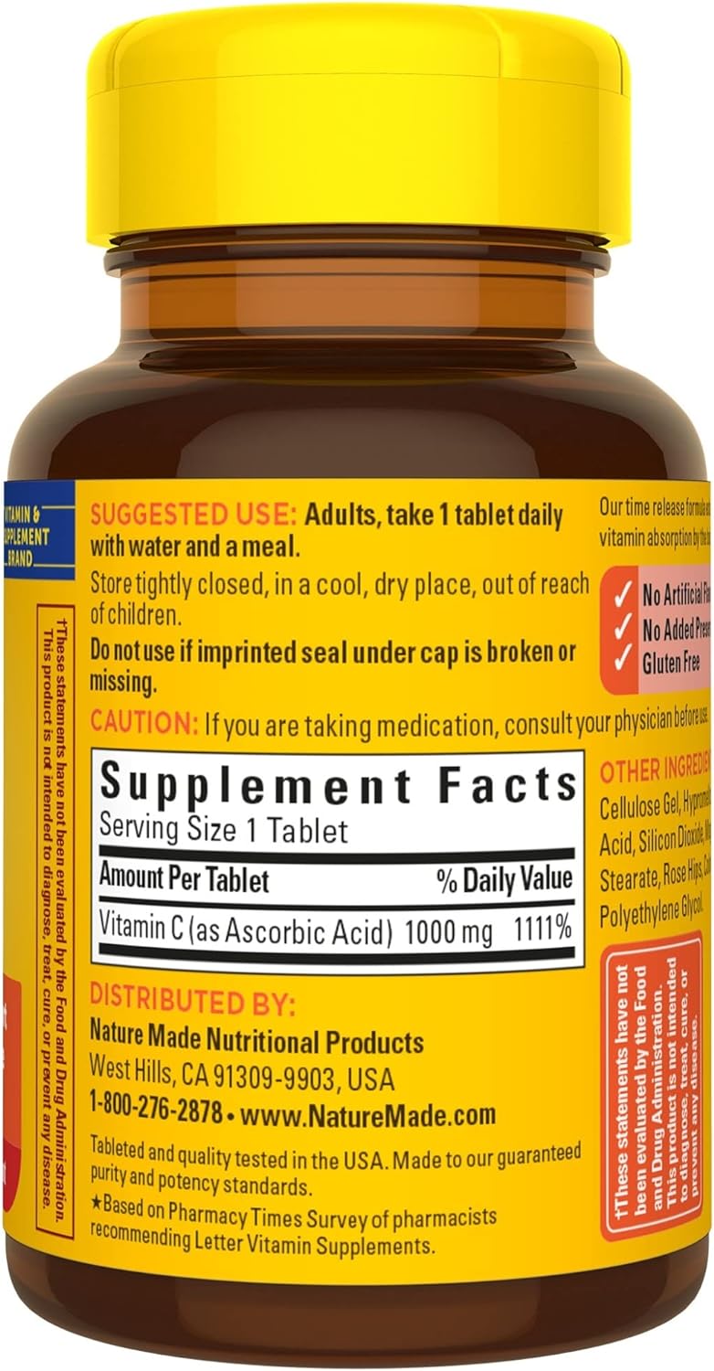 Nature Made Vitamin C 1000 mg with Rose Hips, Dietary Supplement for Immune Support, 60 Time Release Tablets, 60 Day Supply