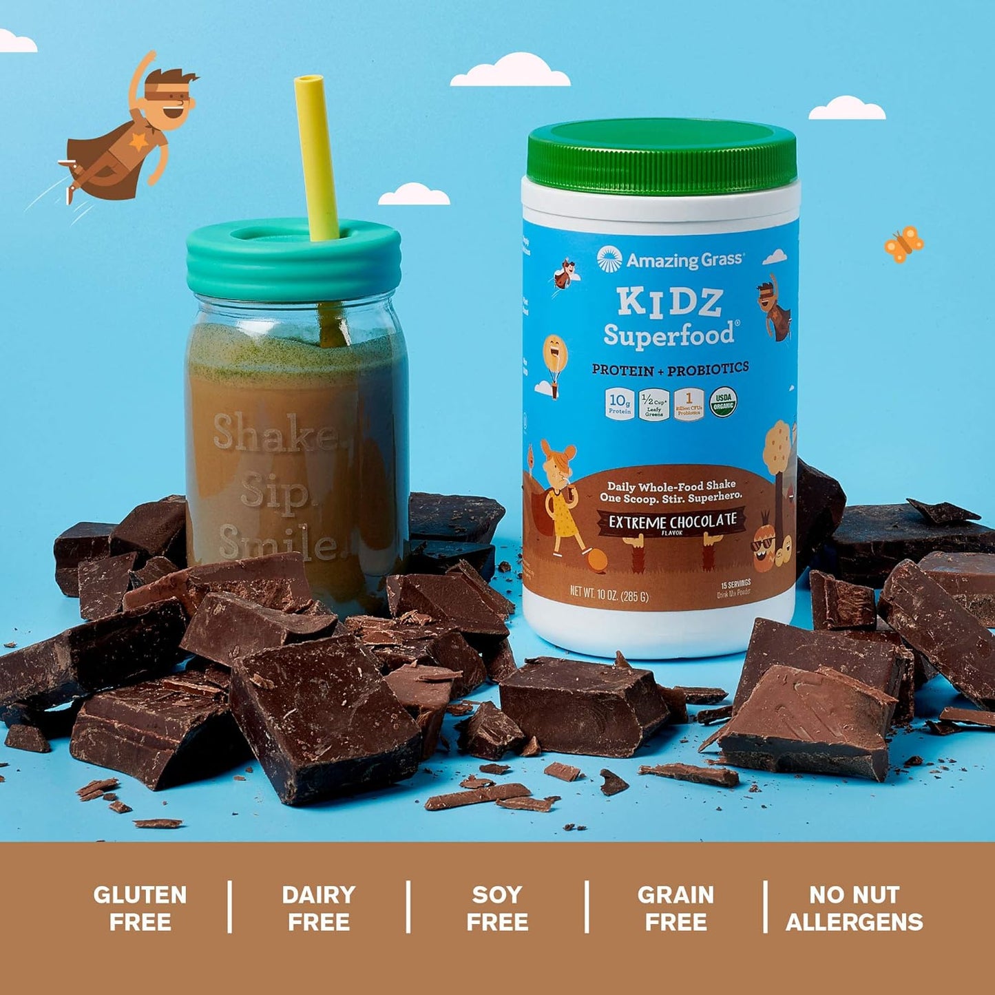 Amazing Grass Kidz Superfood: Vegan Protein & Probiotics for Kids with Beet Root Powder & 1/2 Cup of Leafy Greens, Extreme Chocolate, 15 Servings