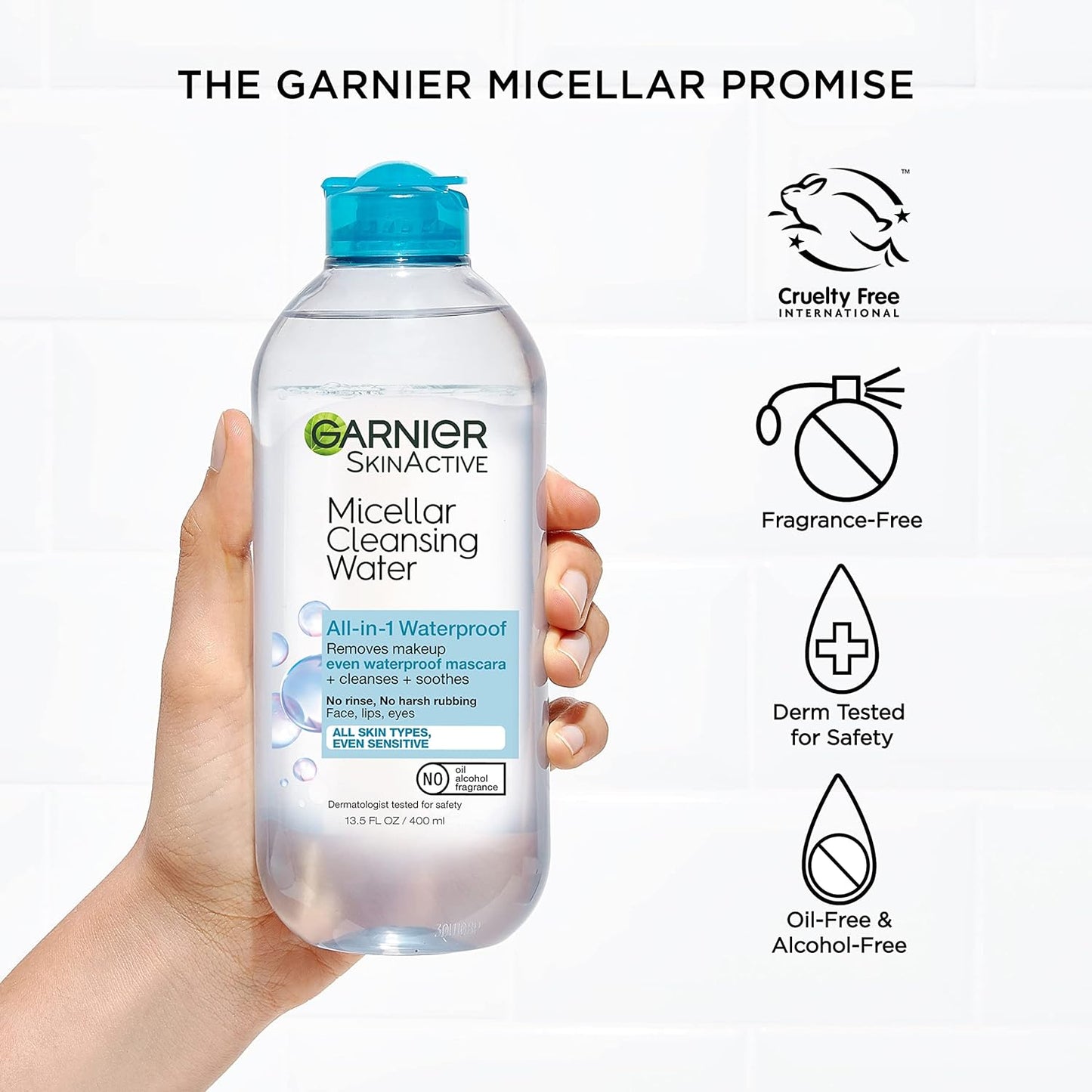 Garnier Micellar Water For Waterproof Makeup, Facial Cleanser & Makeup Remover, 13.5 Fl Oz (400mL), 2 Count (Packaging May Vary)