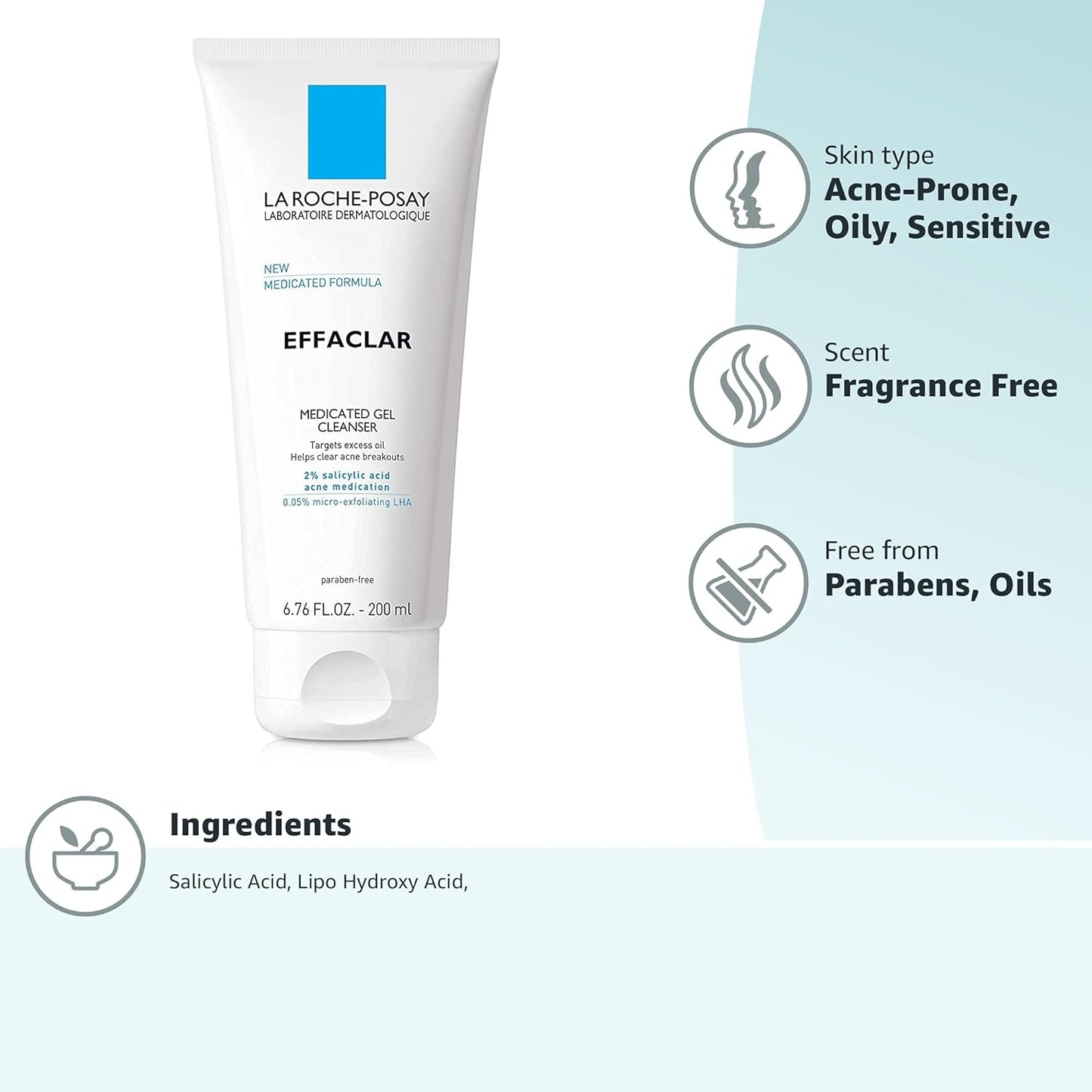 La Roche-Posay Effaclar Medicated Gel Facial Cleanser, Foaming Acne Face Wash with Salicylic Acid, Helps Clear Acne Breakouts and with Oily Skin Control, Oil Free, Fragrance Free