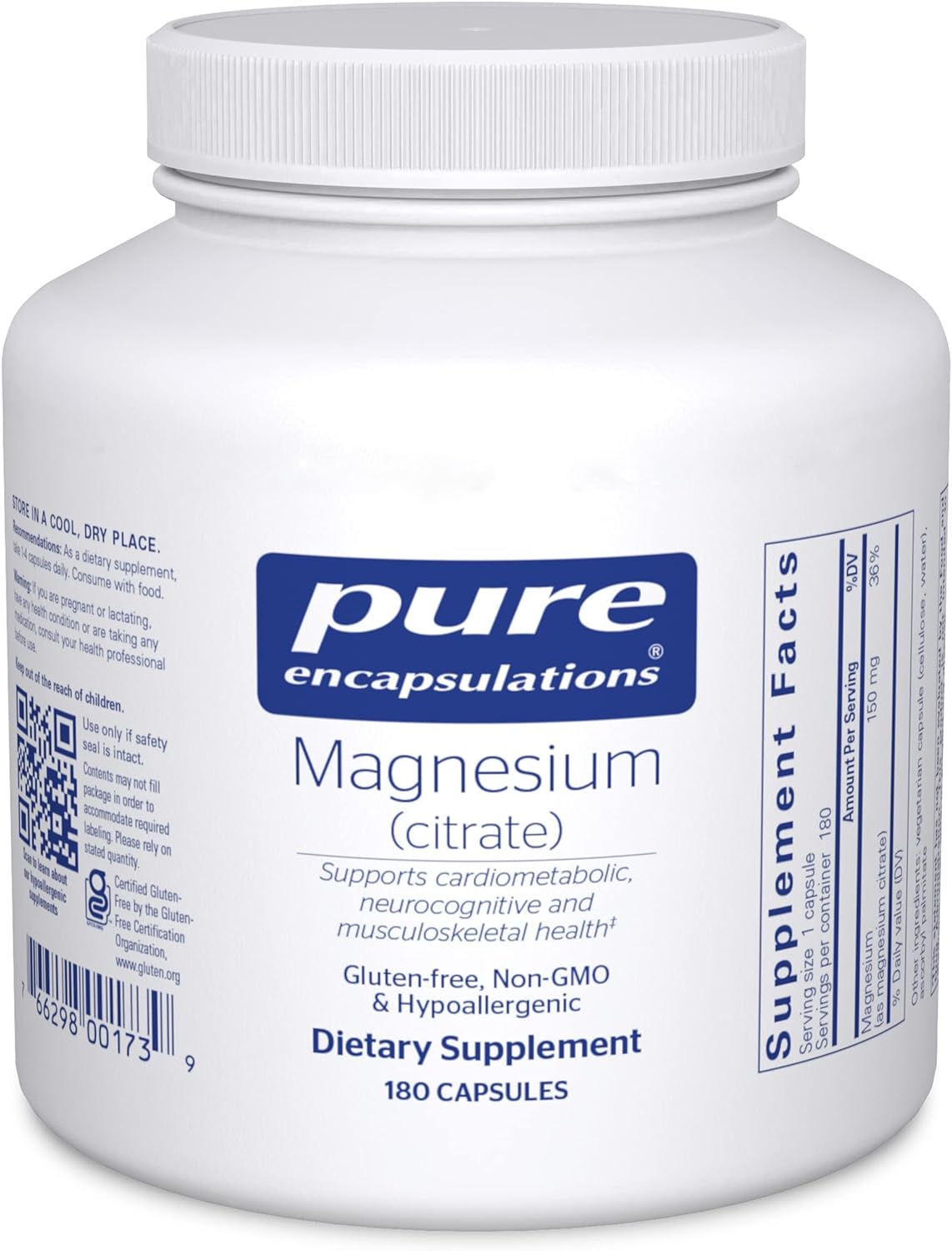 Pure Encapsulations Magnesium (Citrate) - Supplement for Sleep, Heart Health, Cognitive Health, Bone Health, Energy, Muscles, and Metabolism* - with Premium Magnesium - 180 Capsules