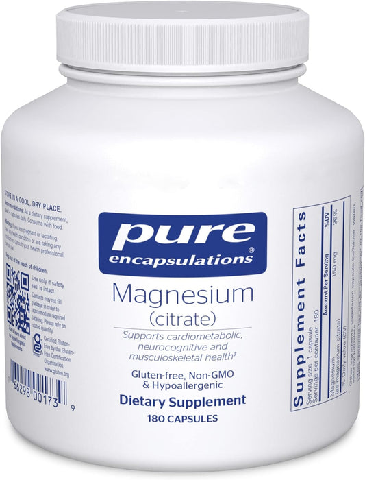 Pure Encapsulations Magnesium (Citrate) - Supplement for Sleep, Heart Health, Cognitive Health, Bone Health, Energy, Muscles, and Metabolism* - with Premium Magnesium - 180 Capsules