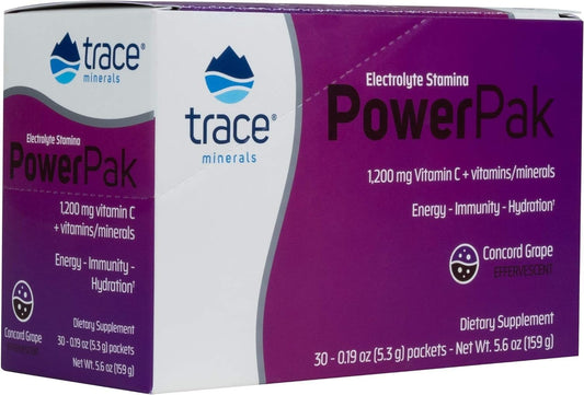 Trace Minerals | Power Pak Electrolyte Powder Packets | 1200 mg Vitamin C, Zinc, Magnesium | Boost Immunity, Hydration and Natural Energy | Concord Grape | 30 Packets