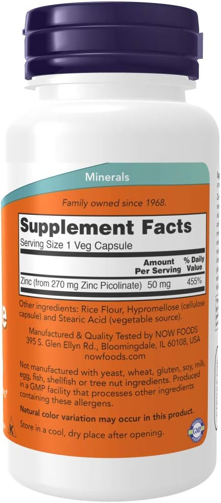 NOW Supplements, Zinc Picolinate 50 mg, Supports Enzyme Functions*, Immune Support*, 120 Veg Capsules (Packaging may vary)