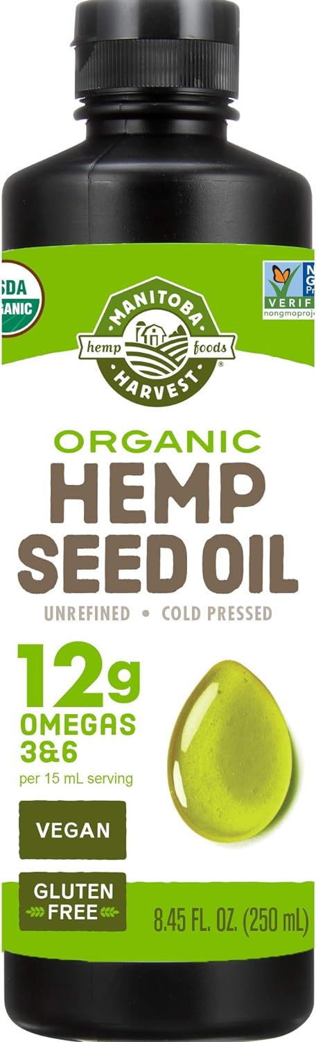 Manitoba Harvest Organic Hemp Oil, Cold Pressed, 12g of Omegas 3&6 Per Serving, Non-GMO, 8.45 Fl Oz