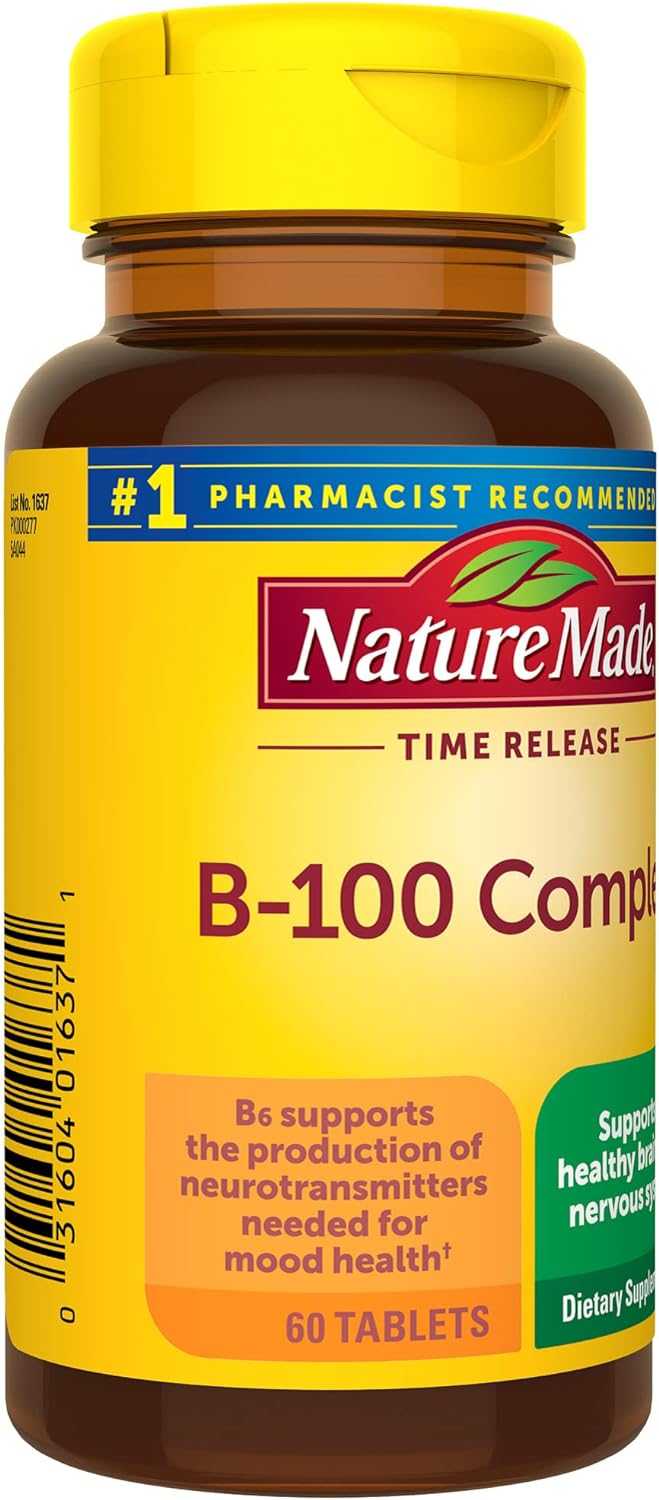 Nature Made Time Release Vitamin B-100 High Potency B Complex, Dietary Supplement for Nervous System Function Support, 60 Time Release Tablets, 60 Day Supply