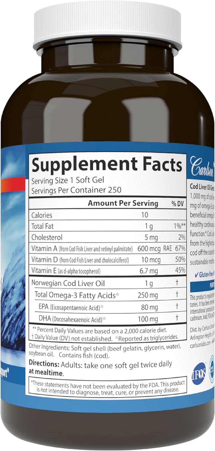 Carlson - Cod Liver Oil Gems, Super 1000 mg, 250 mg Omega-3s, 400 IU (10 mcg) Vitamin D3, Wild Caught Norwegian Arctic Cod Liver Oil, Nordic Fish Oil Capsules, 250 Softgels